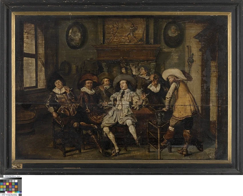 Musicerend en drinkend gezelschap in een herberg, detail
