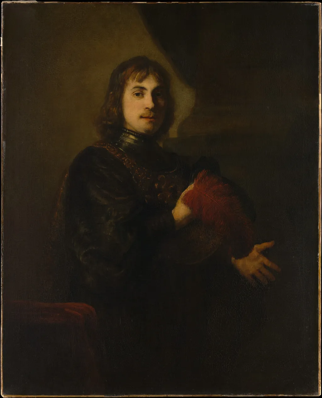 Portrait of a Man with a Breastplate and Plumed Hat, by Rembrandt van Rijn, oil, 1640