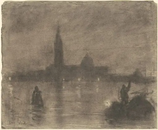 Evening, San Giorgio Maggiore, Venice, by Eugène Vail, charcoal, 1910