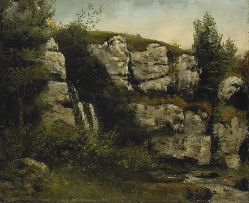 Landscape with Rocky Cliffs and a Waterfall, by Gustave Courbet, oil, 1872