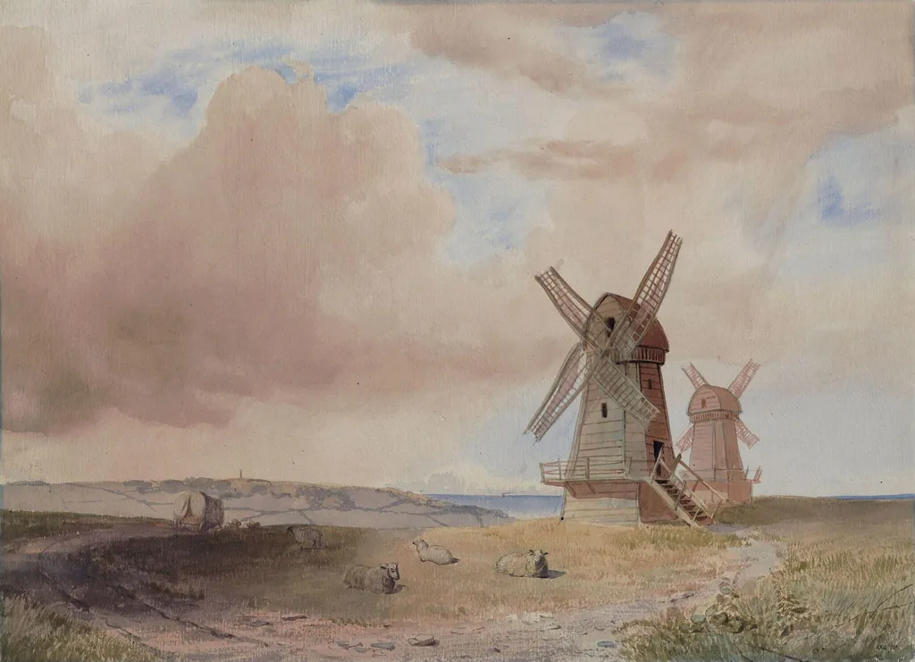 Landscape with Windmills, by George Frederick Rosenberg, watercolor, 1857