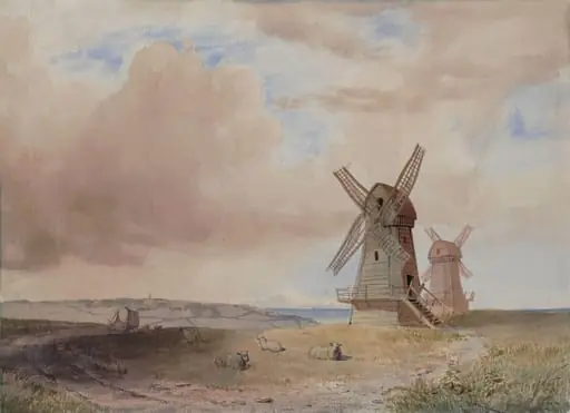 Landscape with Windmills, by George Frederick Rosenberg, watercolor, 1857
