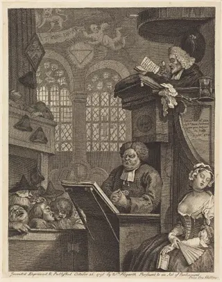 The Sleeping Congregation, by William Hogarth, ink, 1736