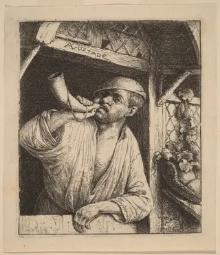 Baker Sounding His Horn, by Adriaen van Ostade, ink, 1648