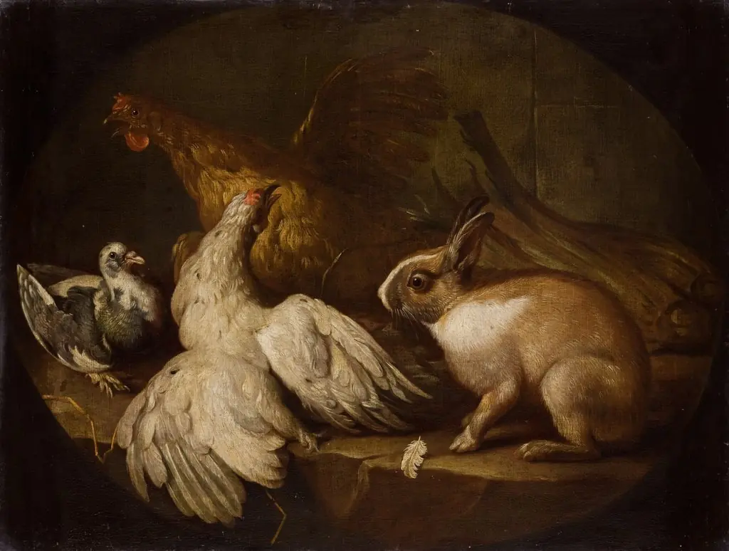 Hens, a Pigeon and a Rabbit, by Giovanni Agostino Cassana, oil, 1719