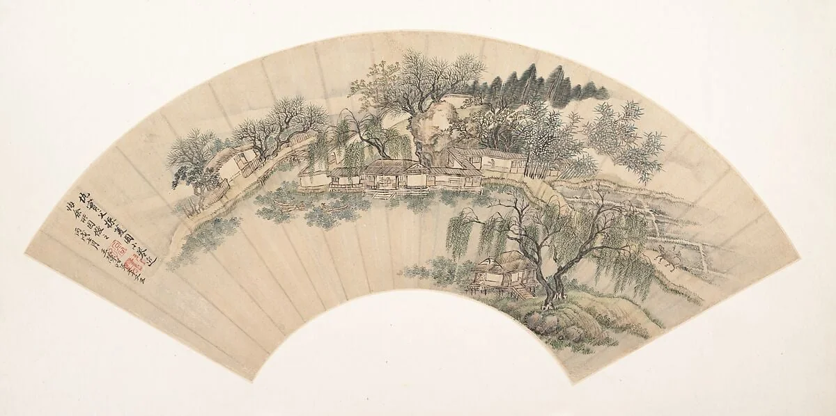 清 佚名 倣王翬 倣仇實父採菱圖 扇|Gathering Water Chestnuts, detail
