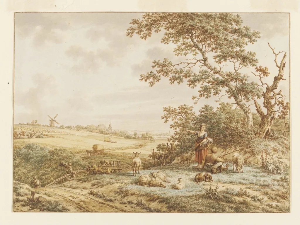 Landscape with Figures and Sheep, by Jacob Cats, watercolor, 1789