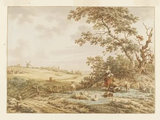 Landscape with Figures and Sheep, by Jacob Cats, watercolor, 1789