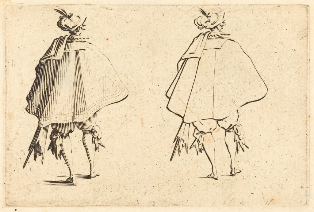 Gentleman in Large Mantle, Seen from Behind, by Jacques Callot, ink, 1622