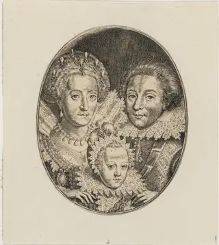 Frederick V, Elizabeth, and Prince Frederick Henry, by Simon van de Passe, ink, 1621