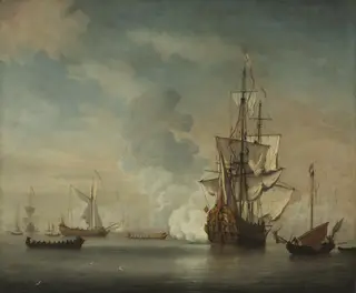 English Warship Firing a Salute, by Willem van de Velde the Younger, oil, 1696