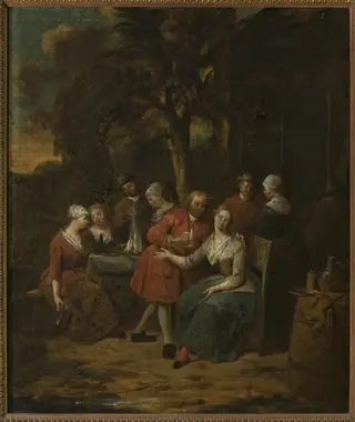 Scene in the garden, by Jan Baptist Lambrechts, oil, 1715
