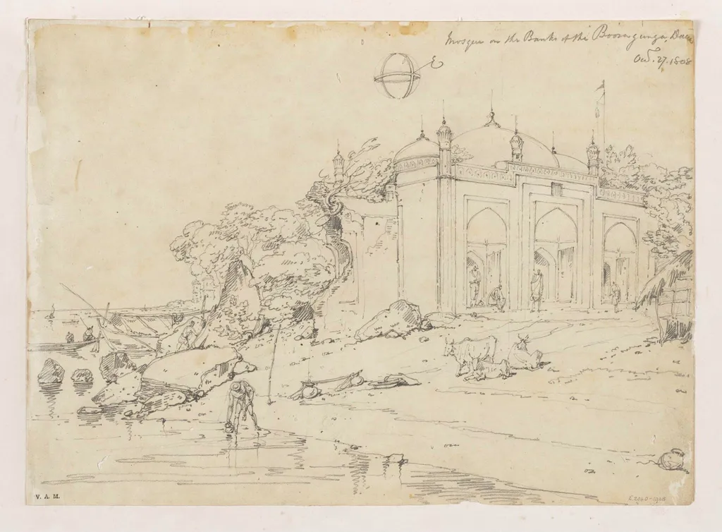 A mosque on the banks of the Buriganga River, Dhaka, Bangladesh, by George Chinnery, 18