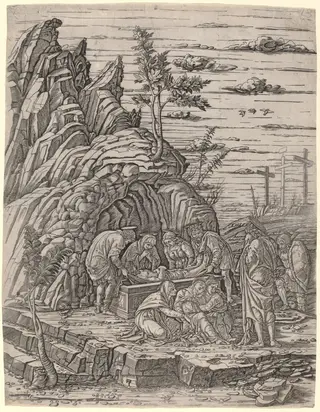The Entombment with Three Birds, by Giovanni Antonio da Brescia, ink, 1502