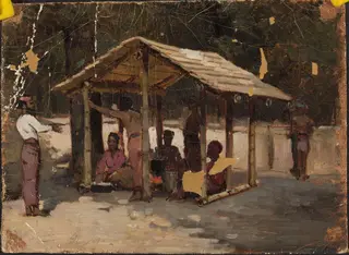 Scene in an Arab village, by Jean Lulves, oil, 1871