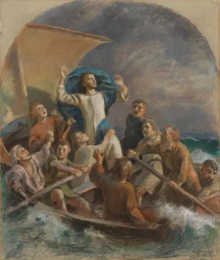 Kristus asettaa myrskyn, harjoitelma Raahen kirkon alttaritaulua varten, by Eero Järnefelt