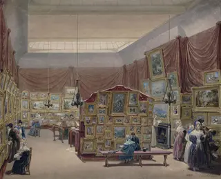 Interior of the Gallery of the New Society of Painters in Watercolours, Old Bond Street, by George Scharf, watercolor, 1834