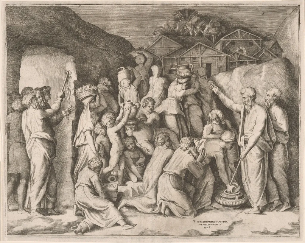 Moses Striking Water from the Rock, by Giulio Bonasone, ink, 1546