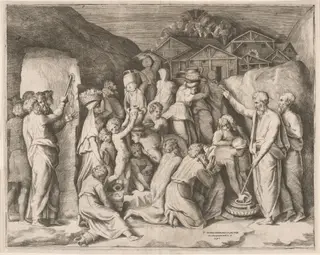 Moses Striking Water from the Rock, by Giulio Bonasone, ink, 1546