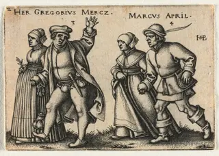 The Peasant Wedding or the Twelve Months:  3-Her Gregorius Mercz 4-Marcus April, by Sebald Beham, 1546