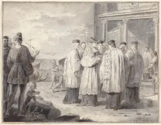 Paulinus, Cardinal and Patriarch of Aquileia, Transfers His Seat to Grado, by Pietro Antonio Novelli, ink