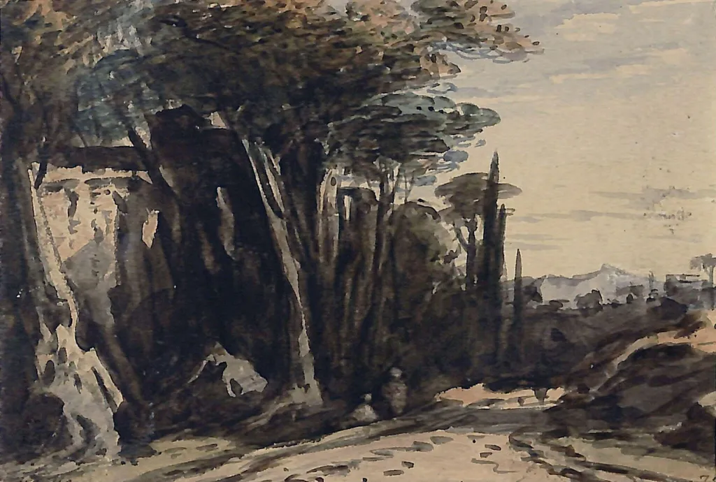Landscape with road and trees, by John Varley, watercolor, 1800