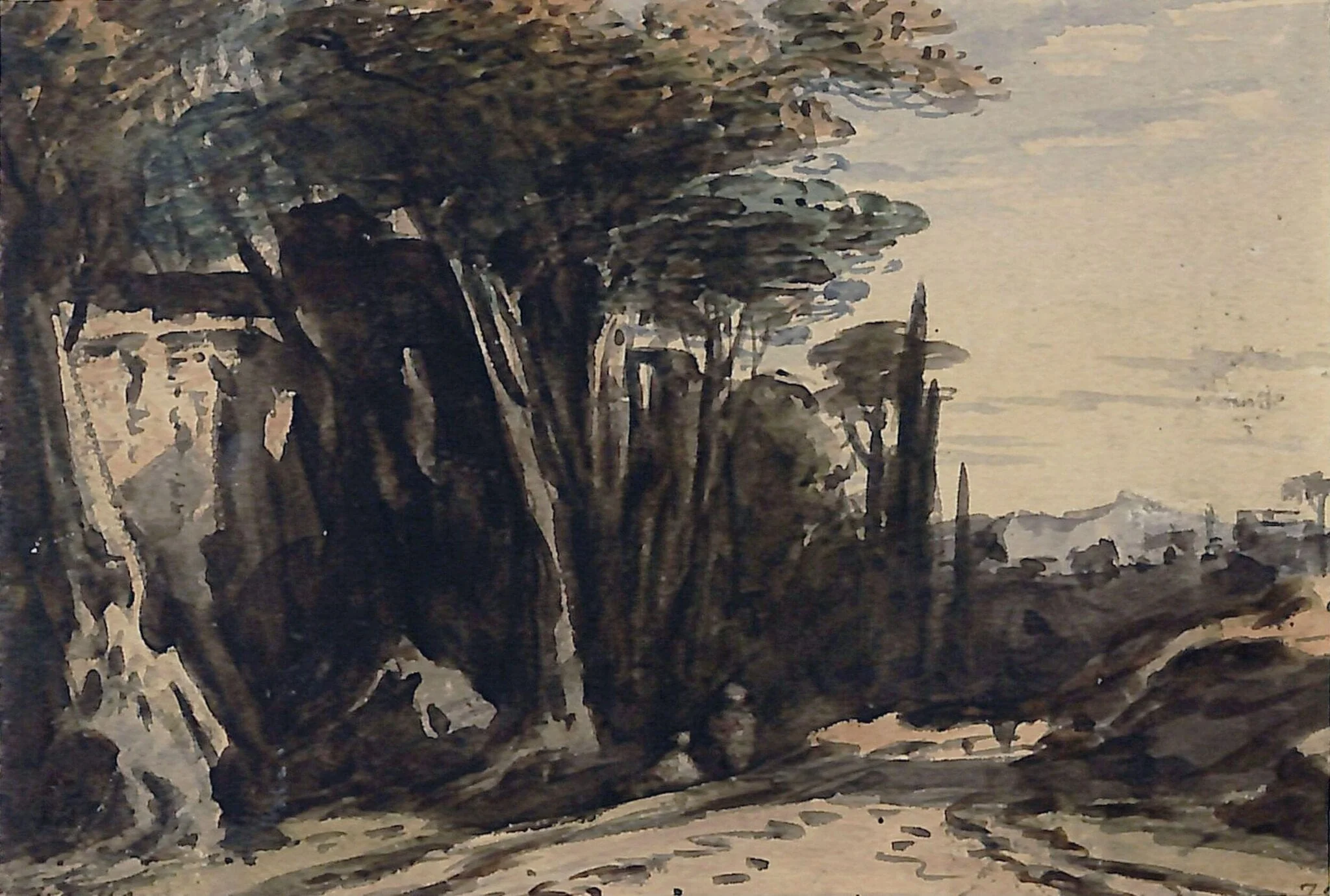 Landscape with road and trees, detail