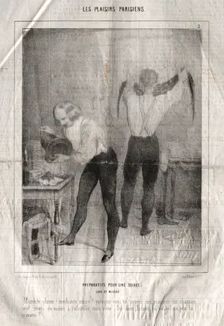Les Plaisirs Parisiens:  Preparatifs pour une soiree.  Luxe et misère.  Maudite plume!  mèchante encre!..., by Charles Joseph Traviès de Villers, 1838