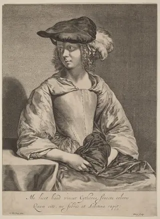 Girl in a Plumed Hat, by Hendrick Bary, ink, 1674