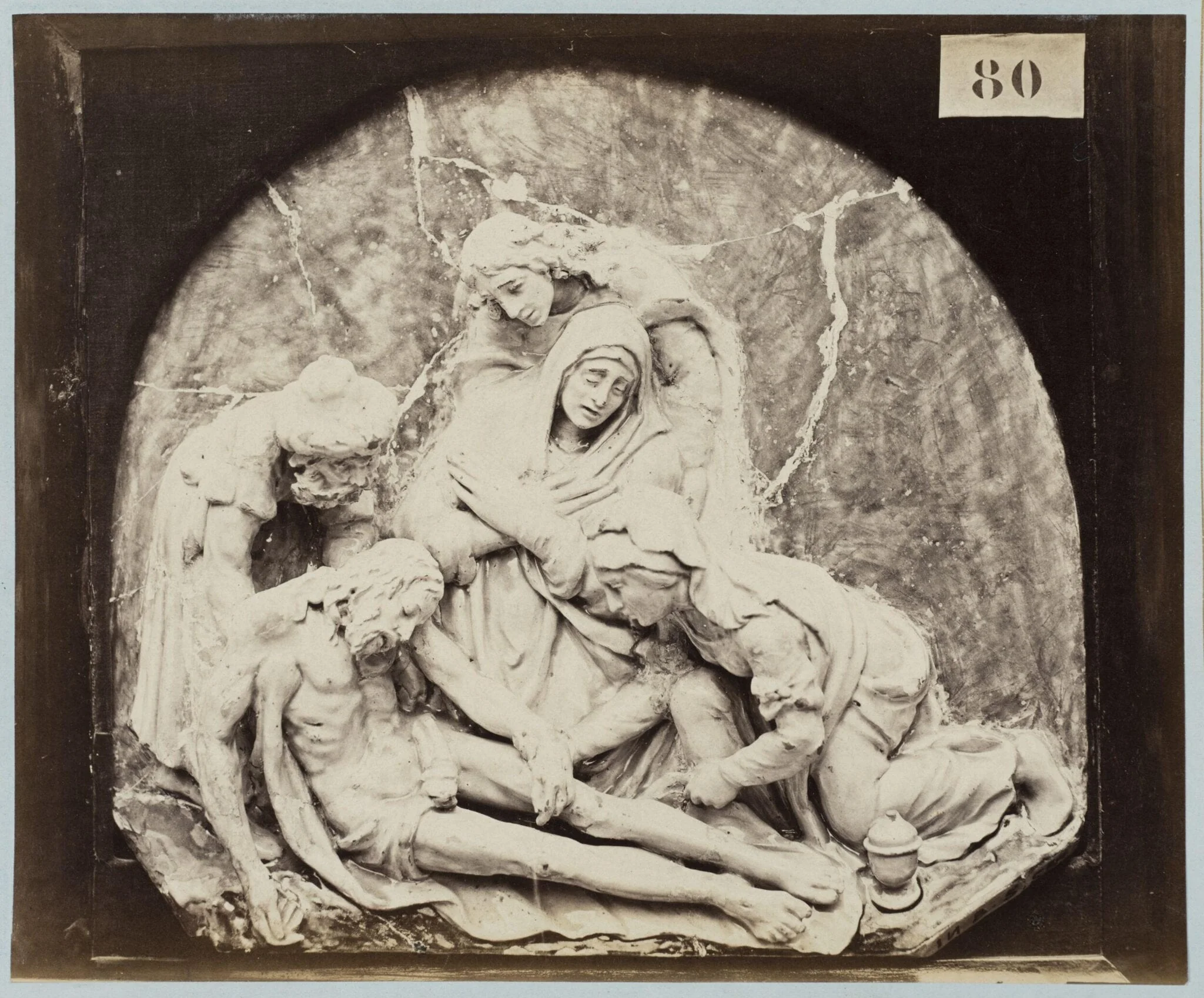 Enamelled earthenware bas-relief of the deposition from the cross, detail