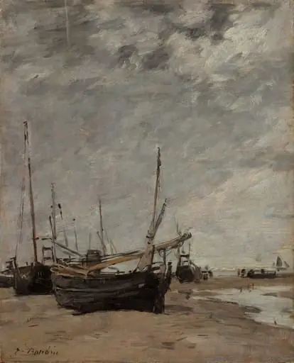 Low Tide, Sailboats Run Aground, by Eugène Boudin, oil, 1888
