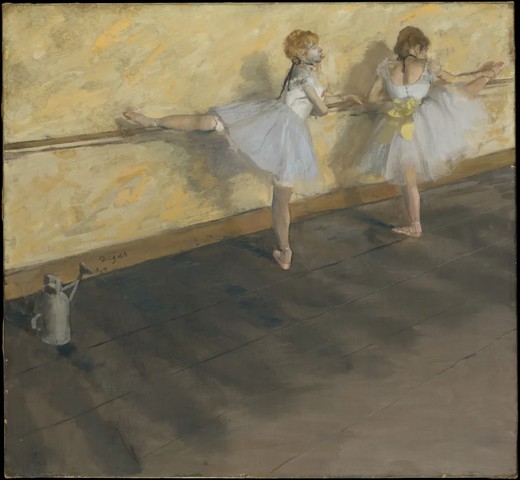 Dancers Practicing at the Barre, by Edgar Degas, oil, 1889