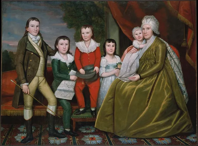 Mrs. Noah Smith and Her Children, painted in Vermont in 1798, scales the intimate family group up to grand-manner size.