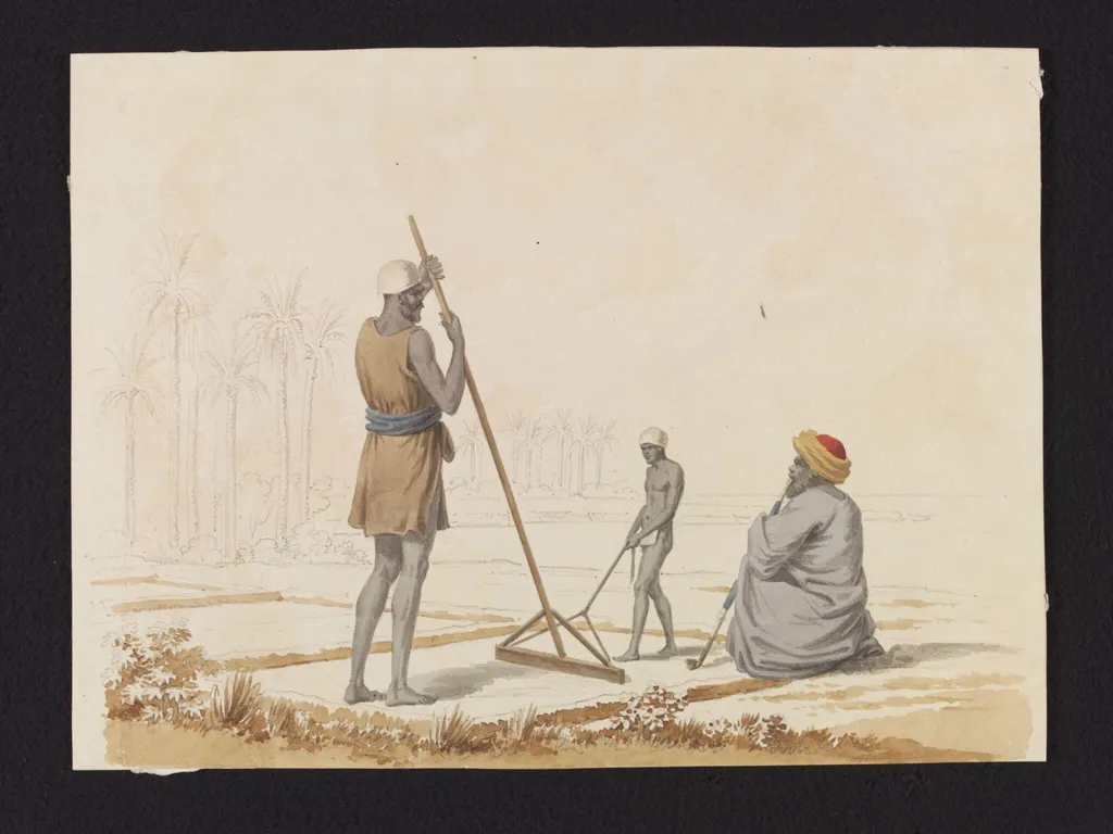 Fellahin preparing the ground, with an overseer, by S. Bossi, watercolor, 1820