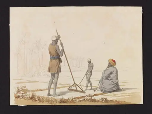 Fellahin preparing the ground, with an overseer, by S. Bossi, watercolor, 1820