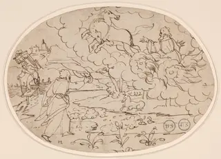 Elisha Watching Elijah in the Fiery Chariot, by Hans Jakob Nüscheler, ink, 1600