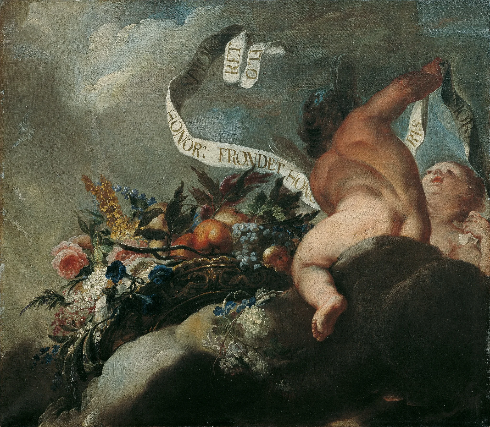 Zwei Putti mit Blumen, Früchten und Spruchband, detail
