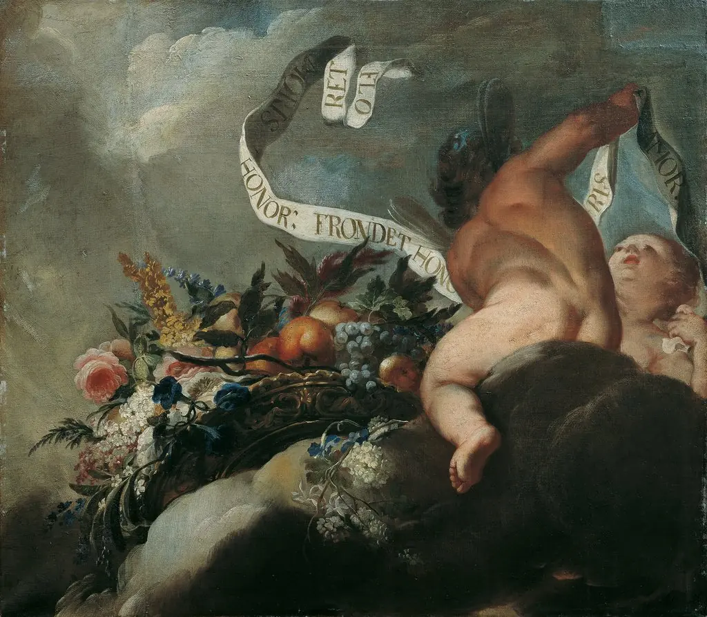 Zwei Putti mit Blumen, Früchten und Spruchband, by Peter Strudel, oil, 1700