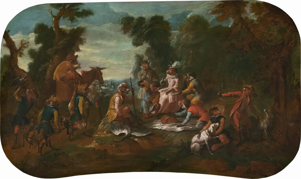 Singerie: The Picnic, by Christophe Huet, oil, 1739
