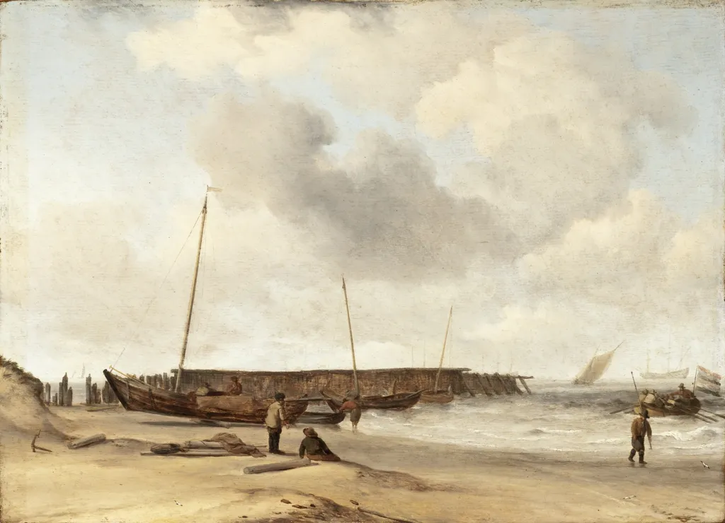 Beach with a Weyschuit Pulled up on Shore, by Willem van de Velde the Younger, oil, 1673