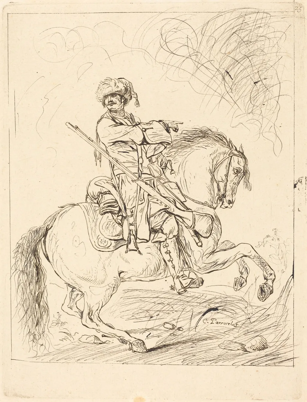 A Dragoon on Horseback, by Charles Parrocel, ink, 1730