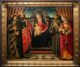 The Virgin with Blessing Child Enthroned and Saints, by Davide Ghirlandaio, paint, 1490
