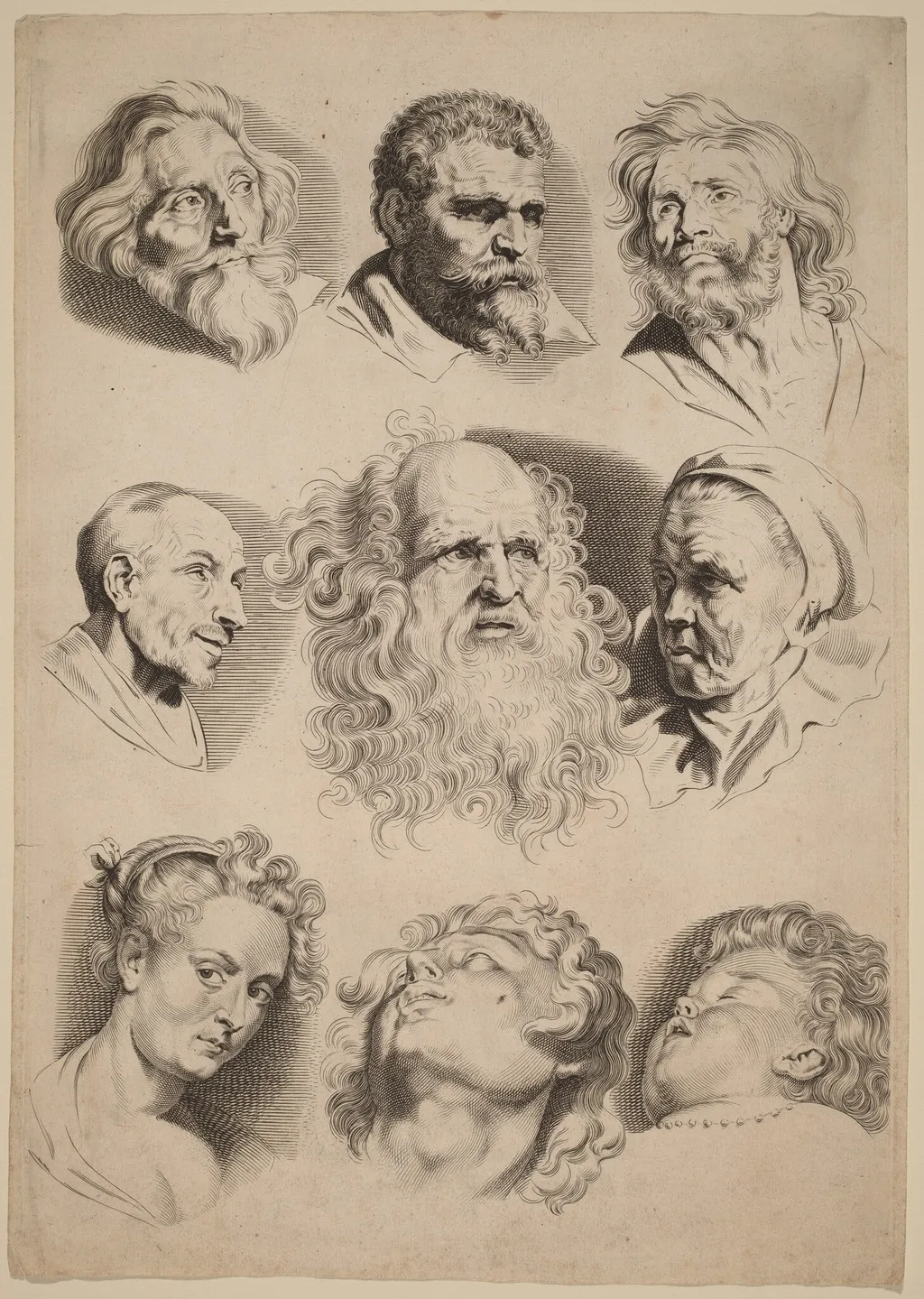 Nine Heads, by Paulus Pontius, ink, 1630