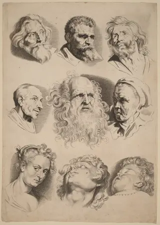 Nine Heads, by Paulus Pontius, ink, 1630