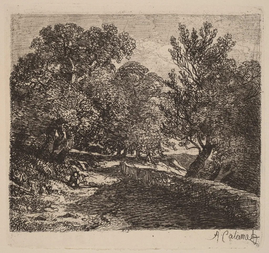 Man Resting by a Stone Wall, by Alexandre Calame, ink, 1845
