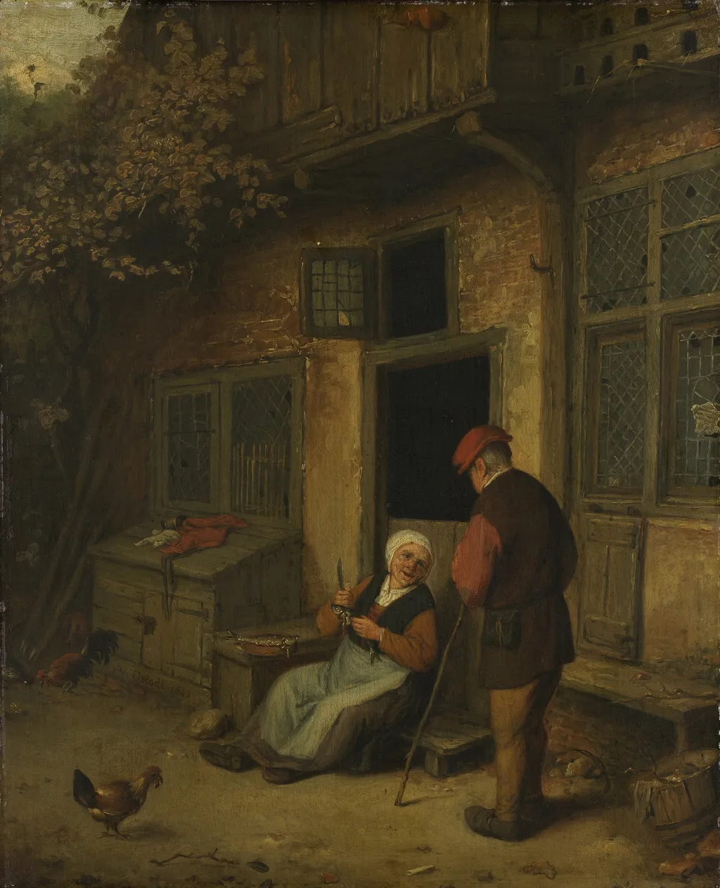 A woman gutting herring in front of her house, by Adriaen van Ostade, oil, 1675