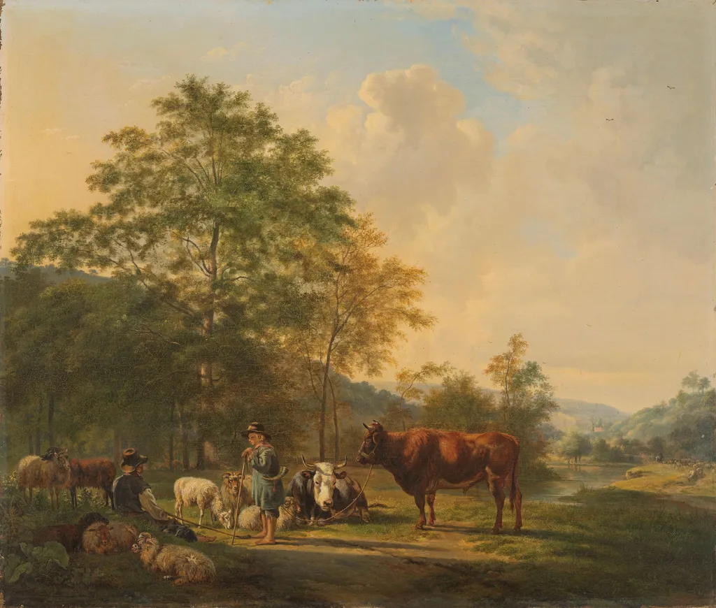 Hilly Landscape with Shepherd, Drover and Cattle, by Pieter Gerardus van Os, oil, 1827