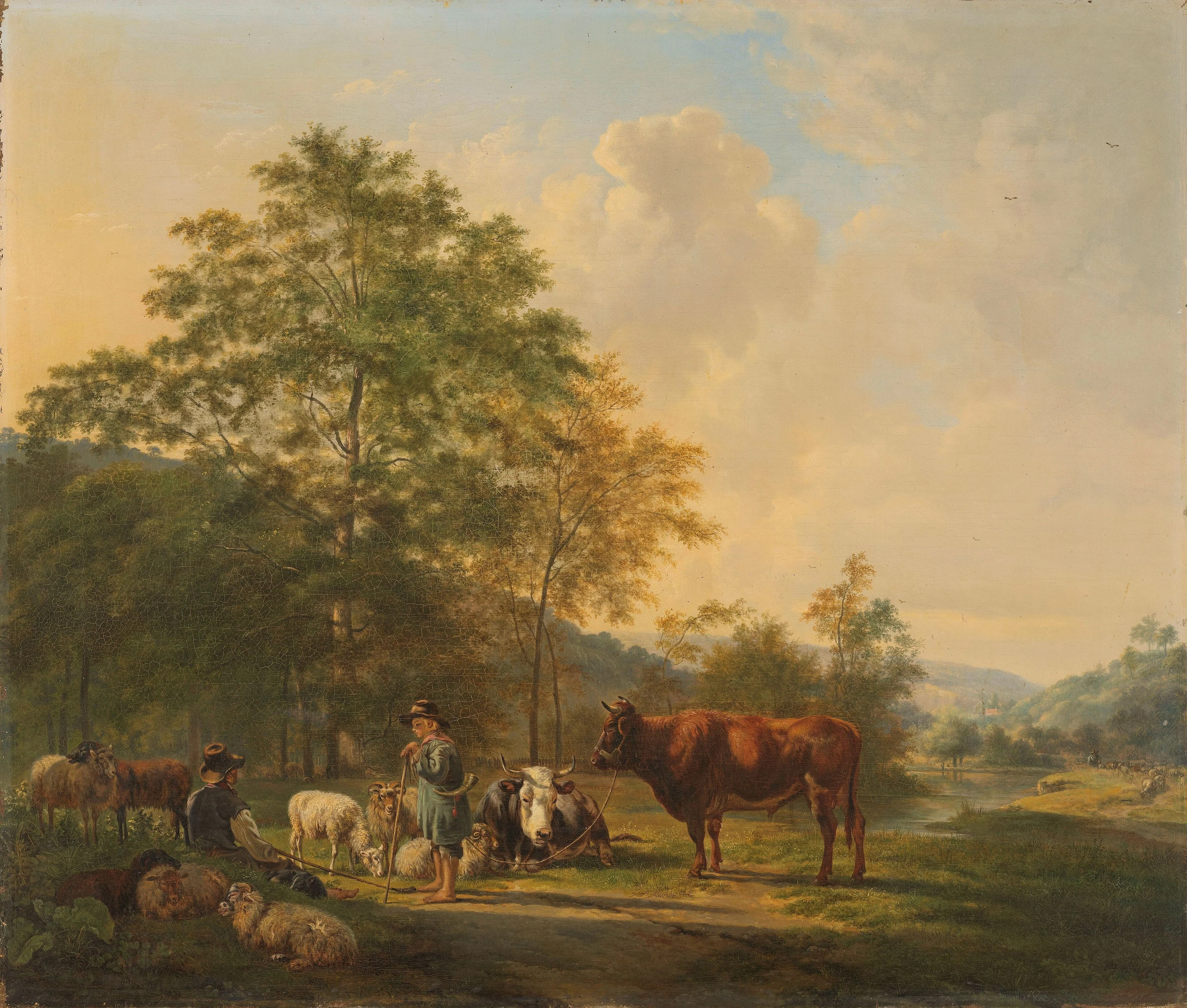 Hilly Landscape with Shepherd, Drover and Cattle, detail