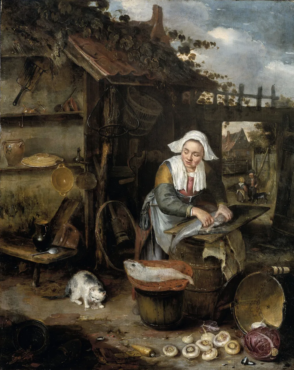A housewife cleaning fish in a courtyard, by Adriaen van Ostade, oil, 1644