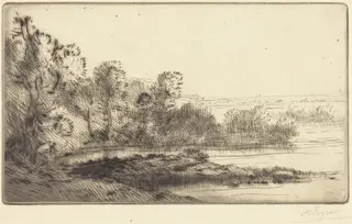 Along the Terne (Sur la terne), by Alphonse Legros, ink, 1874